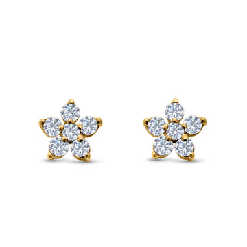 Cluster Flower Stud Earrings Round Yellow Tone, Simulated CZ 925 Sterling Silver